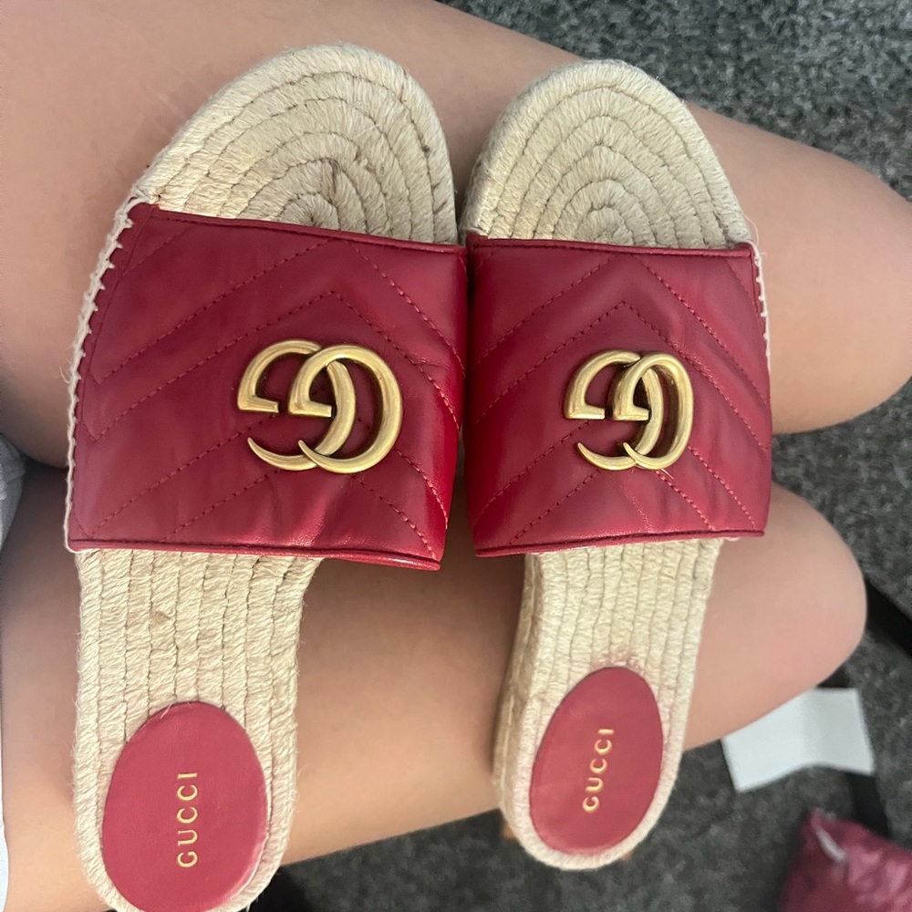 Gucci Red Espadrille Slides with Gold Logo